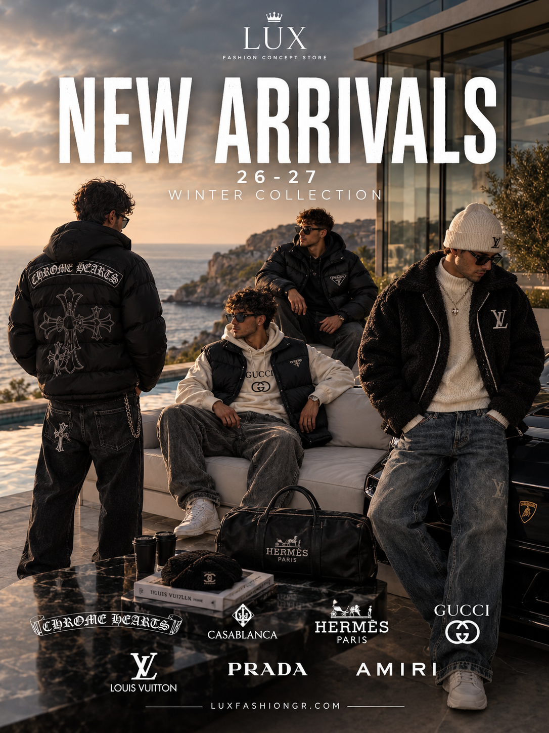 A promotional fashion poster for the Lux Fashion Concept Store Winter Collection 26-27, featuring four models in stylish winter outerwear in an outdoor terrace setting at sunset. 